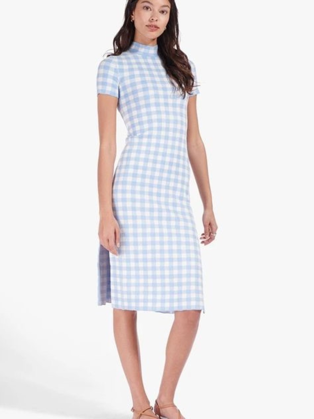 Staud Blue Gingham Midi Dress with Mock Neck